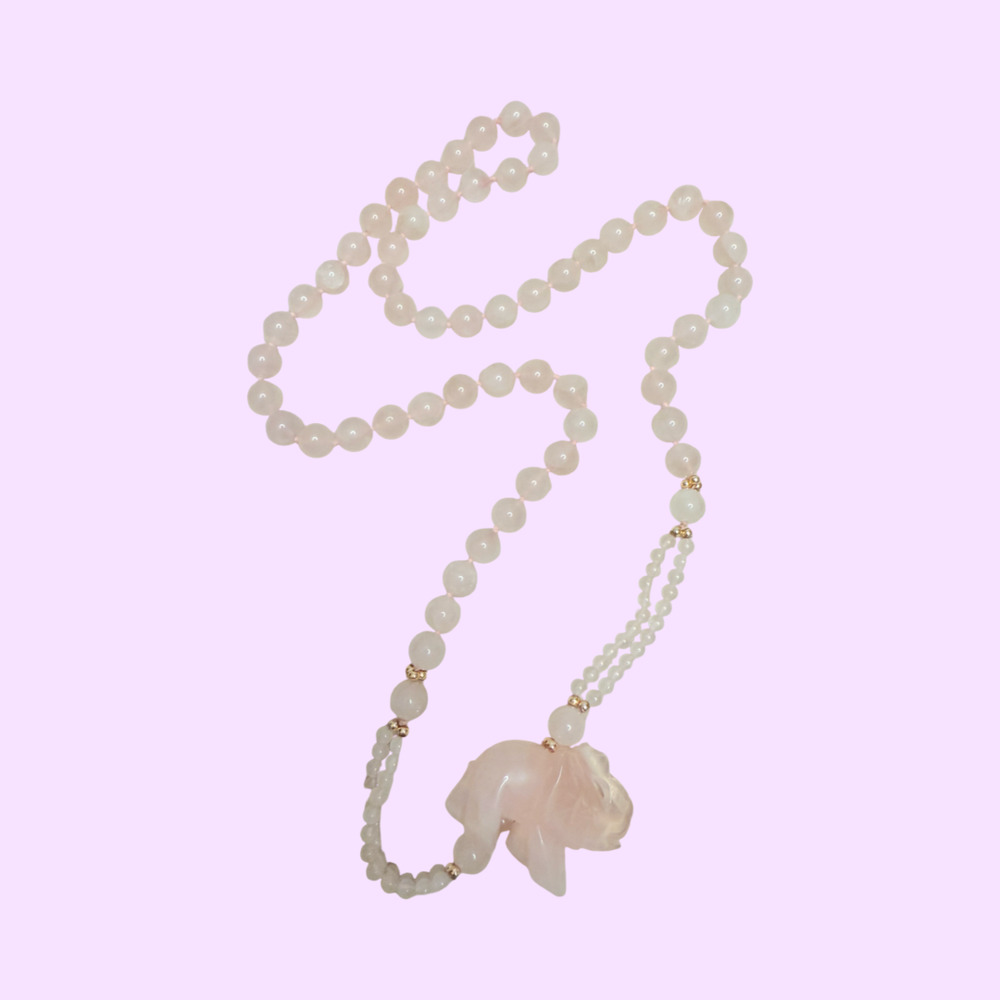 Rose Quartz Carved Elephant Pendant Bead Necklace